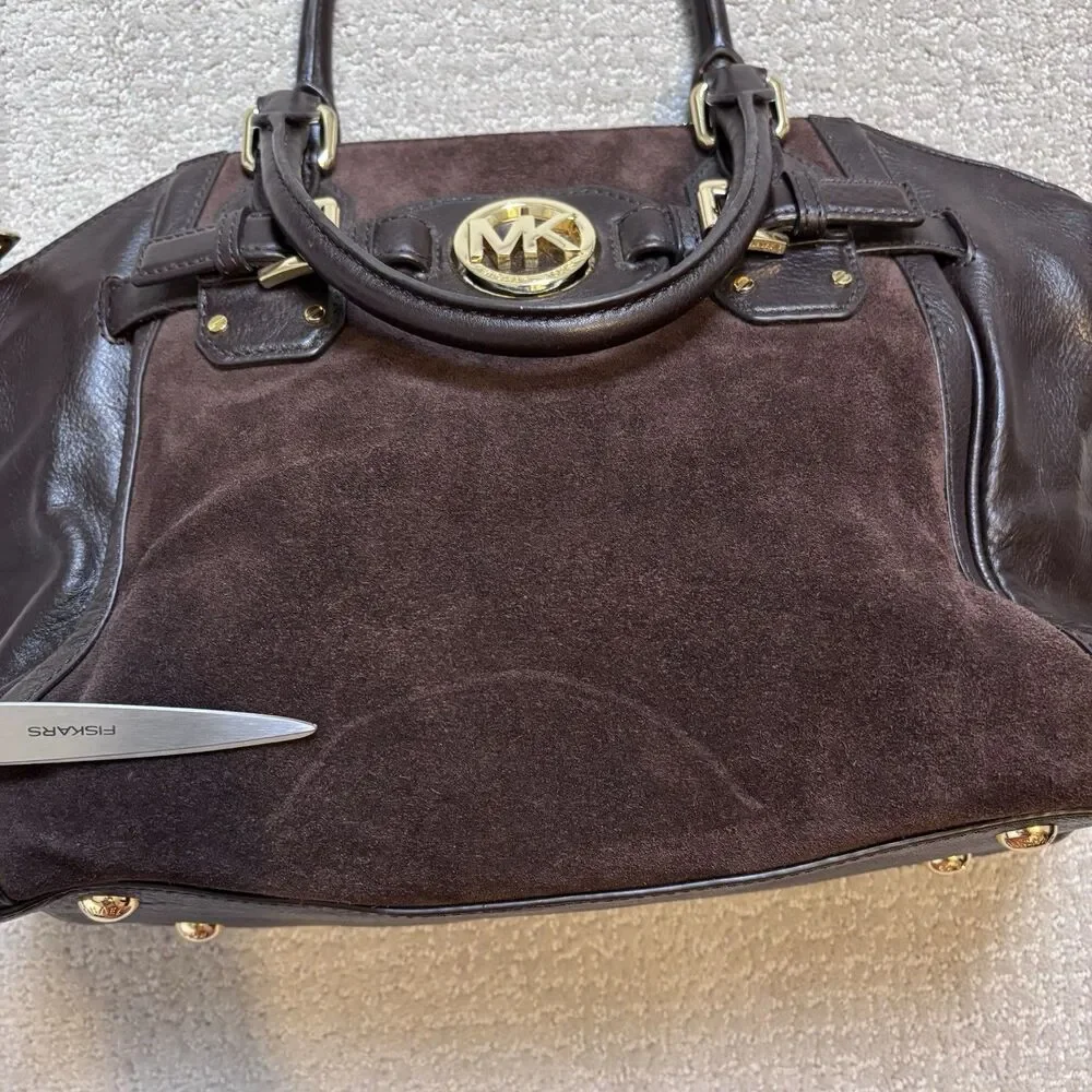 Michael Kors Large Hudson Satchel Suede Leather Coffee Brown Gold $398 Boho Chic